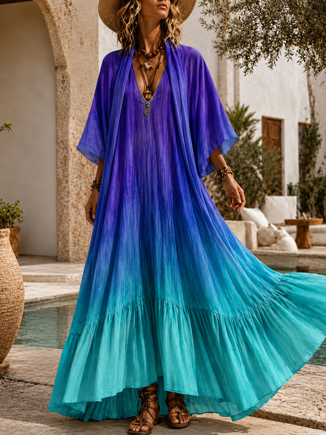 Retro Style Art Printed Vintage Camisole Dress Long Sleeve Two-Piece Maxi Dress